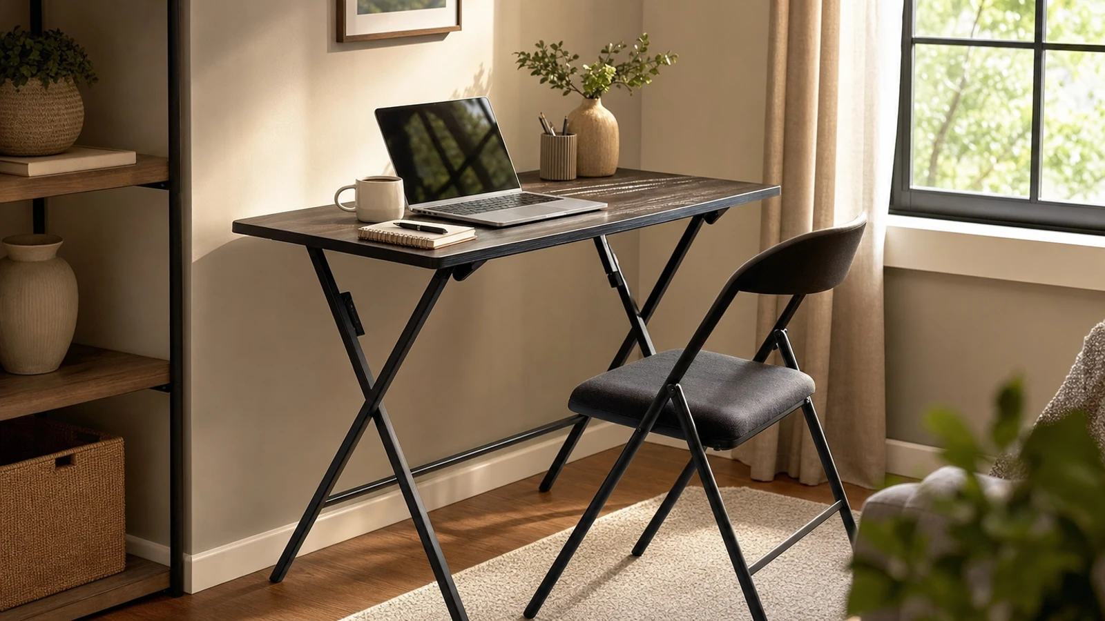 folding office desk in a compact home workspace