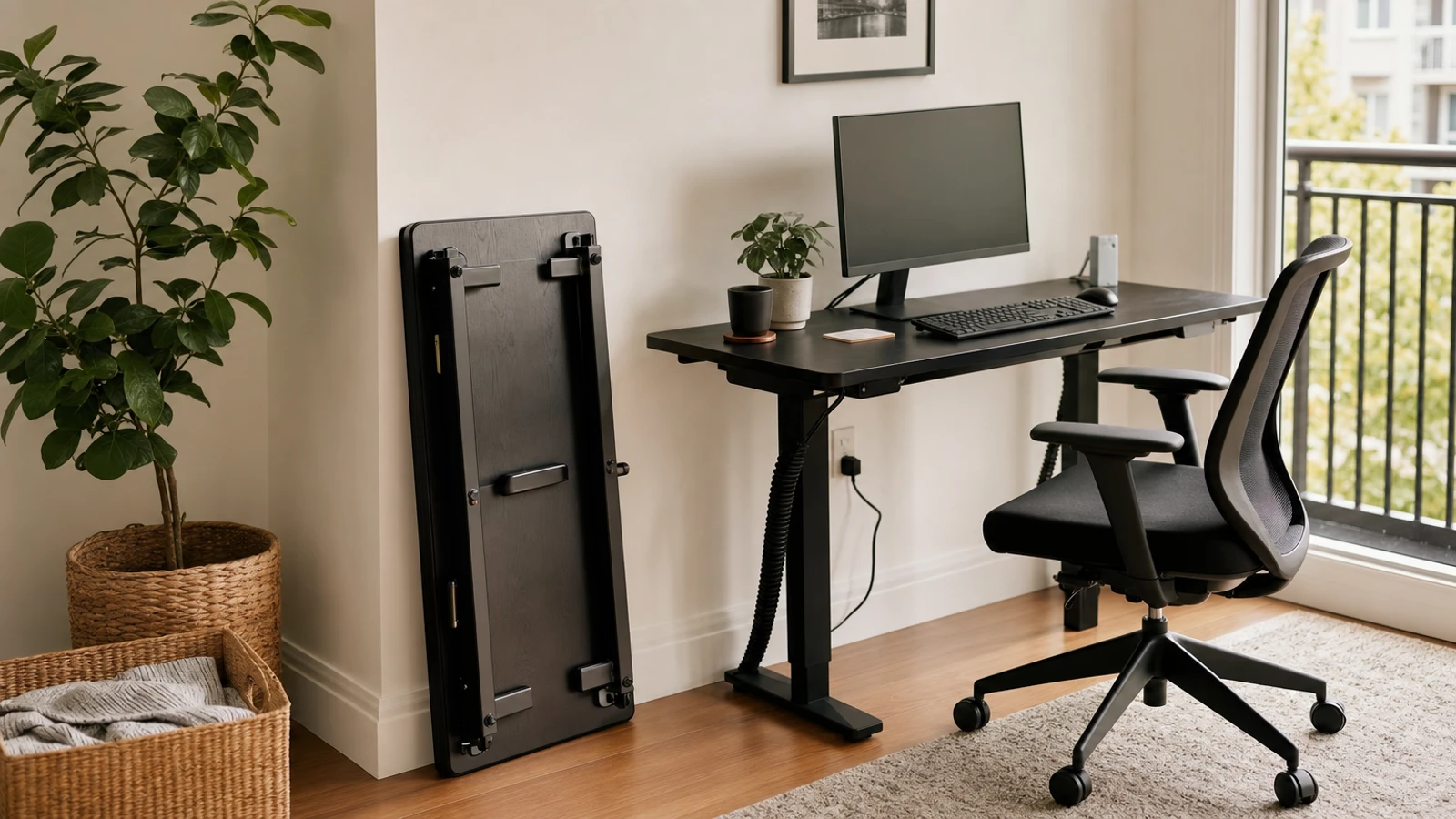 folding office desk in a compact home workspace